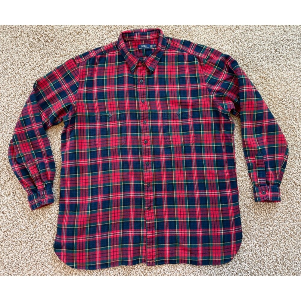 Polo Ralph Lauren Shirt Mens 2XLT Red Plaid Heavy Flannel Button Long Sleeve